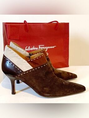 Salvatore Ferragamo Brown and Cream Suede Pointed Toe ankle boots